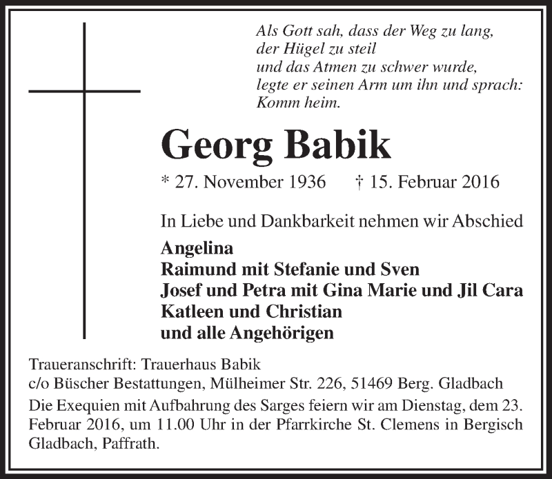  Traueranzeige für Georg Babik vom 20.02.2016 aus  Bergisches Sonntagsblatt 