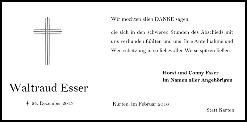  Traueranzeige für Waltraud Esser vom 13.02.2016 aus Kölner Stadt-Anzeiger / Kölnische Rundschau / Express