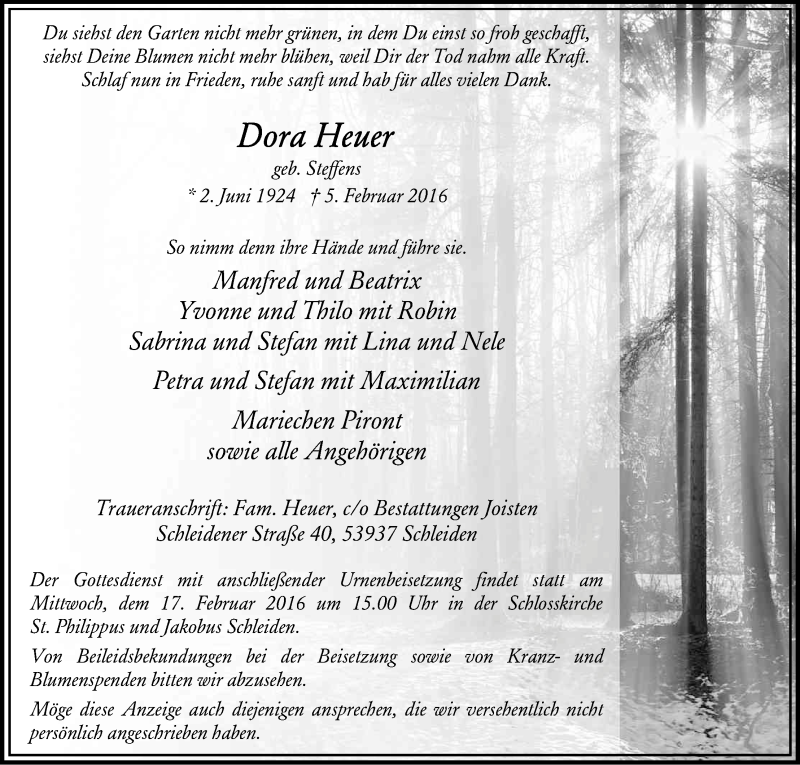  Traueranzeige für Dora Heuer vom 13.02.2016 aus Kölner Stadt-Anzeiger / Kölnische Rundschau / Express