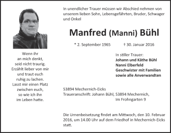 Anzeige von Manfred Bühl von  Blickpunkt Euskirchen 