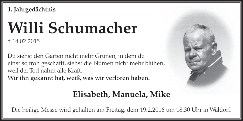  Traueranzeige für Willi Schumacher vom 10.02.2016 aus  Schaufenster/Blickpunkt 