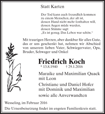 Anzeige von Friedrich Koch von  Schlossbote/Werbekurier 