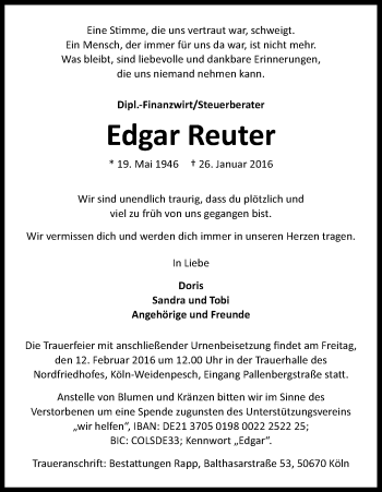 Anzeige von Edgar Reuter von Kölner Stadt-Anzeiger / Kölnische Rundschau / Express