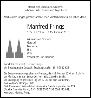 Anzeige von Manfred Frings von Kölner Stadt-Anzeiger / Kölnische Rundschau / Express