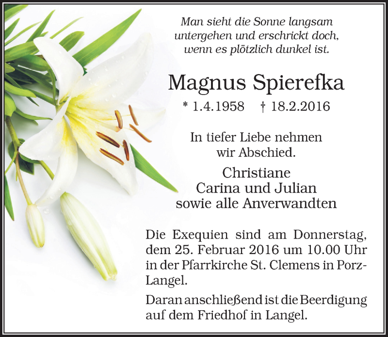  Traueranzeige für Magnus Spierefka vom 24.02.2016 aus  Extra Blatt 