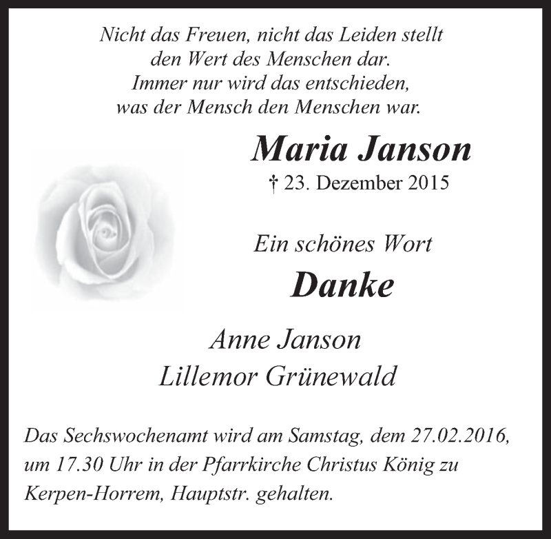  Traueranzeige für Maria Janson vom 24.02.2016 aus  Werbepost 