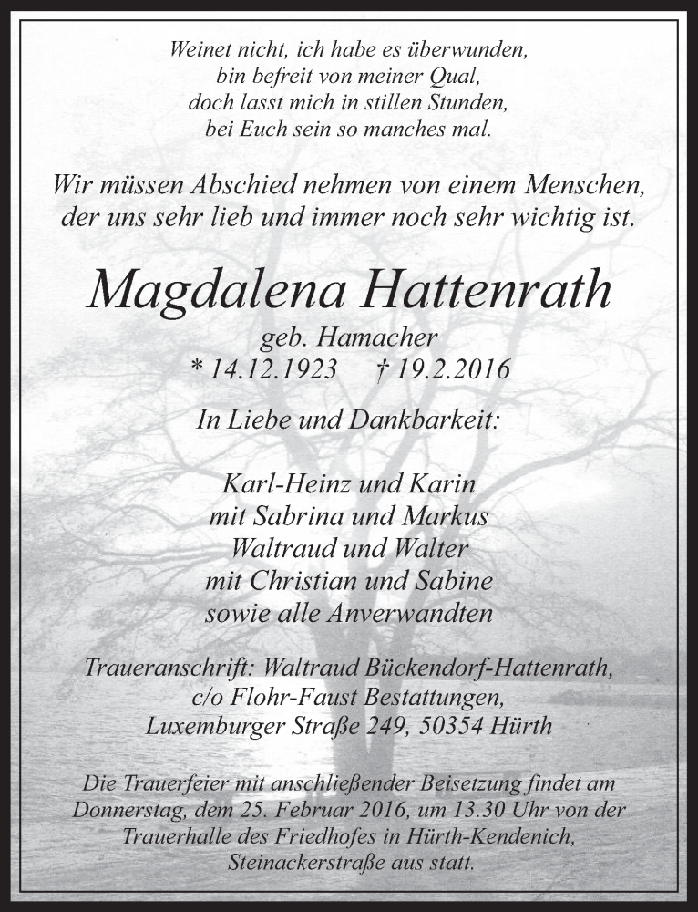 Traueranzeige für Magdalena Hattenrath vom 24.02.2016 aus  Wochenende 