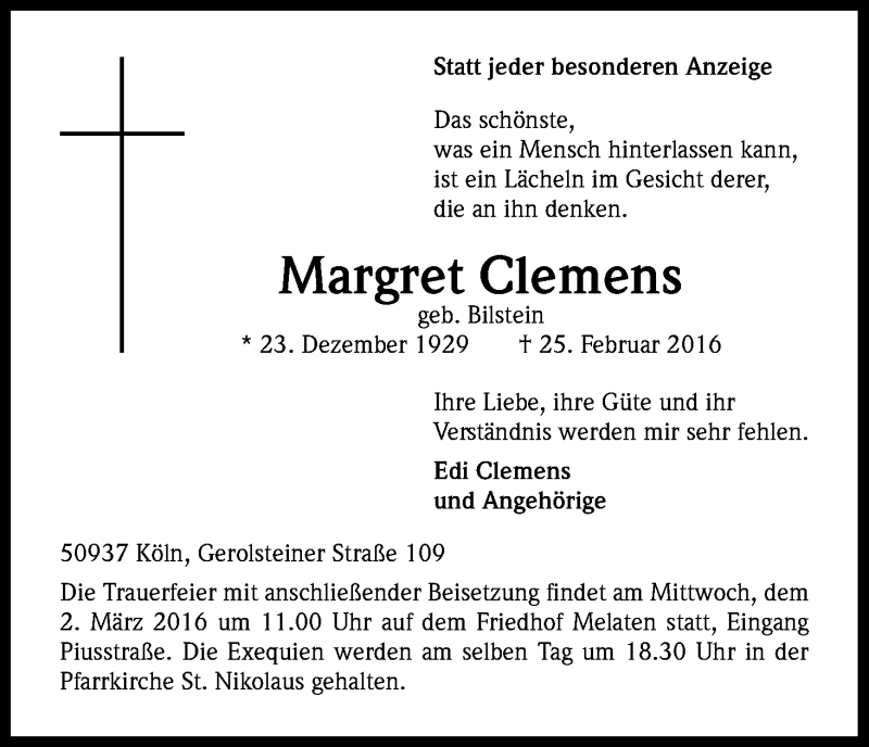  Traueranzeige für Margret Clemens vom 27.02.2016 aus Kölner Stadt-Anzeiger / Kölnische Rundschau / Express