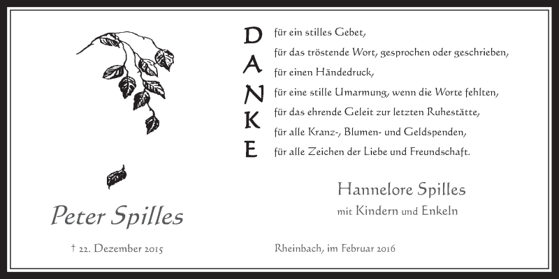  Traueranzeige für Peter Spilles vom 03.02.2016 aus  Schaufenster/Blickpunkt 