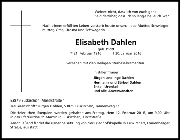 Anzeige von Elisabeth Dahlen von Kölner Stadt-Anzeiger / Kölnische Rundschau / Express