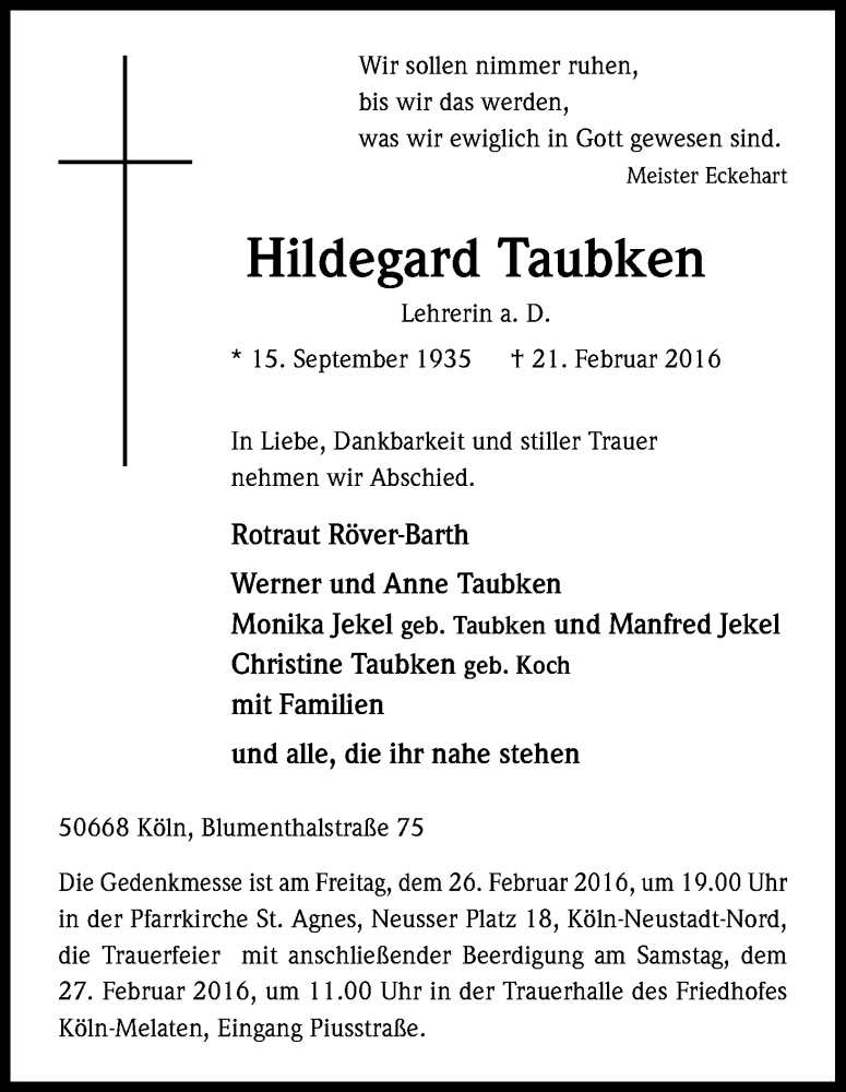  Traueranzeige für Hildegard Taubken vom 24.02.2016 aus Kölner Stadt-Anzeiger / Kölnische Rundschau / Express