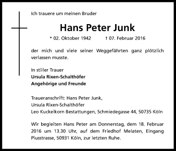Anzeige von Hans Peter Junk von Kölner Stadt-Anzeiger / Kölnische Rundschau / Express