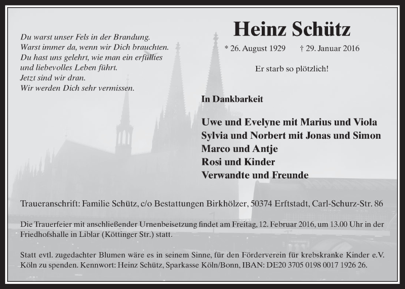  Traueranzeige für Heinz Schütz vom 10.02.2016 aus  Werbepost 
