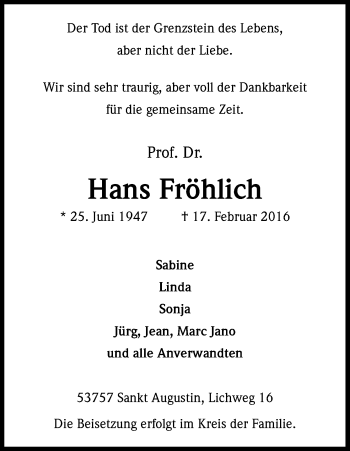 Anzeige von Hans Fröhlich von Kölner Stadt-Anzeiger / Kölnische Rundschau / Express