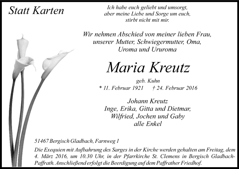  Traueranzeige für Maria Kreutz vom 29.02.2016 aus Kölner Stadt-Anzeiger / Kölnische Rundschau / Express