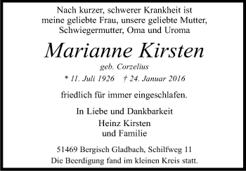 Anzeige von Marianne Kirsten von Kölner Stadt-Anzeiger / Kölnische Rundschau / Express