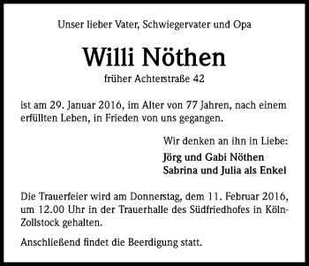 Anzeige von Willi Nöthen von Kölner Stadt-Anzeiger / Kölnische Rundschau / Express
