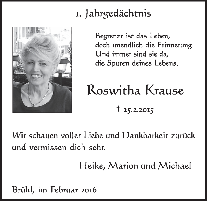  Traueranzeige für Roswitha Krause vom 24.02.2016 aus  Schlossbote/Werbekurier 