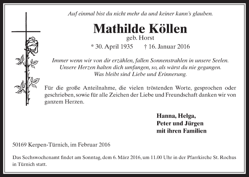 Traueranzeige für Mathilde Köllen vom 24.02.2016 aus  Werbepost 