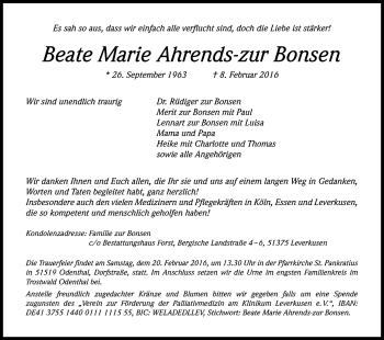Anzeige von Beate Marie Ahrends-zur Bonsen von Kölner Stadt-Anzeiger / Kölnische Rundschau / Express
