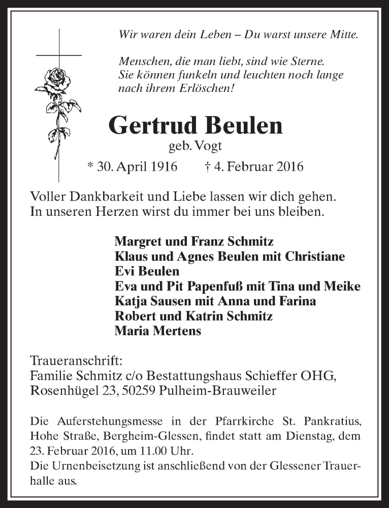  Traueranzeige für Gertrud Beulen vom 17.02.2016 aus  Werbepost 
