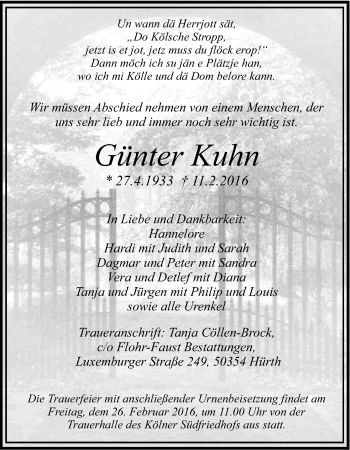 Anzeige von Günter Kuhn von Kölner Stadt-Anzeiger / Kölnische Rundschau / Express