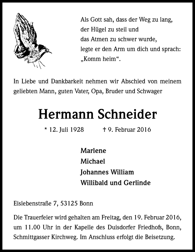  Traueranzeige für Hermann Schneider vom 13.02.2016 aus Kölner Stadt-Anzeiger / Kölnische Rundschau / Express