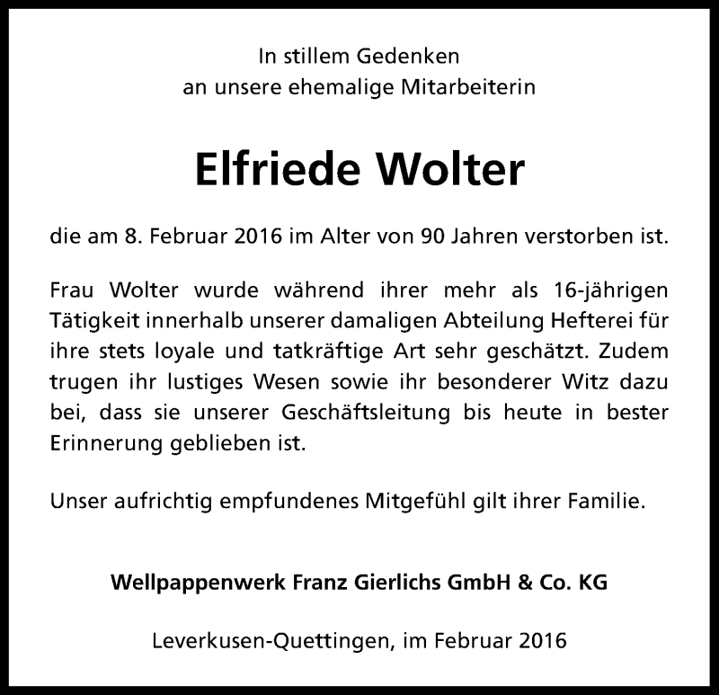  Traueranzeige für Elfriede Wolter vom 27.02.2016 aus Kölner Stadt-Anzeiger / Kölnische Rundschau / Express
