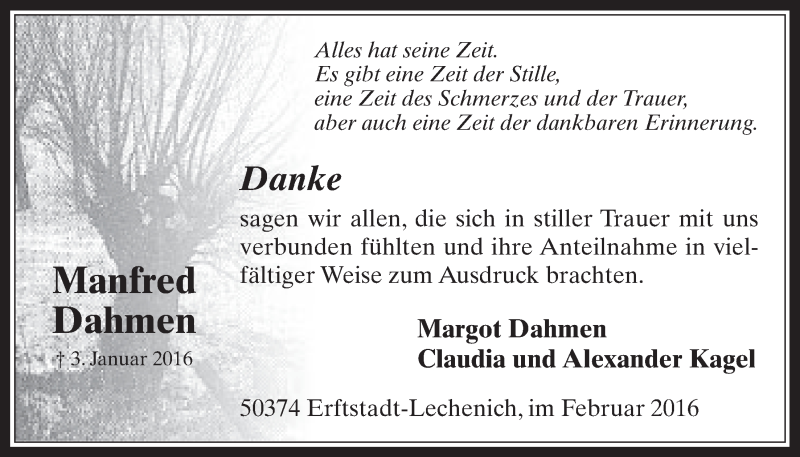  Traueranzeige für Manfred Dahmen vom 17.02.2016 aus  Werbepost 