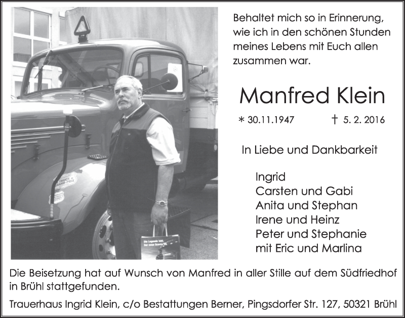  Traueranzeige für Manfred Klein vom 24.02.2016 aus  Wochenende  Schlossbote/Werbekurier 