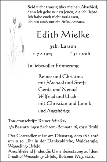 Anzeige von Edith Mielke von  Schlossbote/Werbekurier 