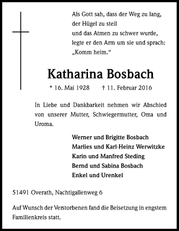 Anzeige von Katharina Bosbach von Kölner Stadt-Anzeiger / Kölnische Rundschau / Express