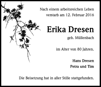 Anzeige von Erika Dresen von Kölner Stadt-Anzeiger / Kölnische Rundschau / Express