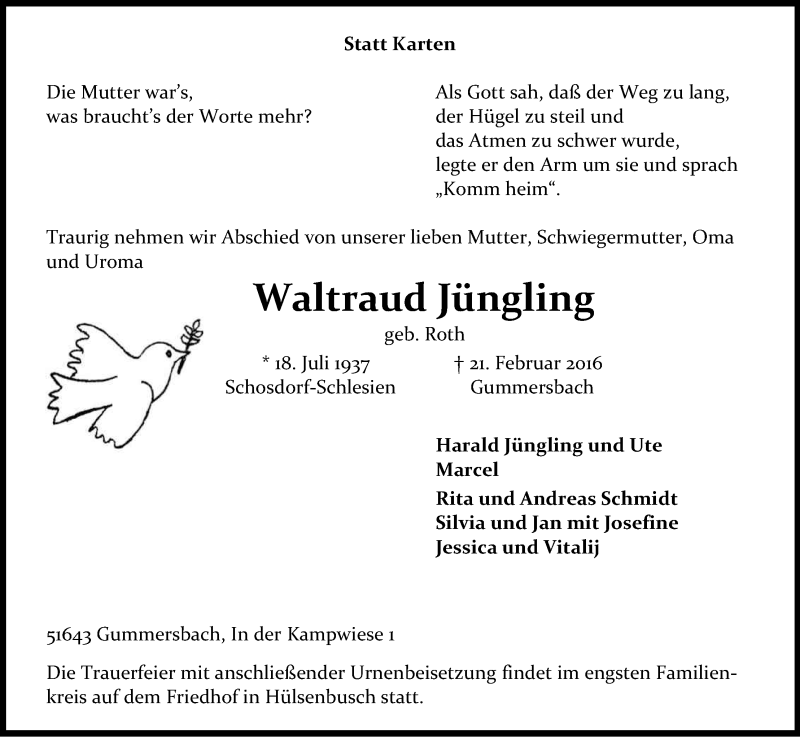  Traueranzeige für Waltraud Jüngling vom 24.02.2016 aus Kölner Stadt-Anzeiger / Kölnische Rundschau / Express