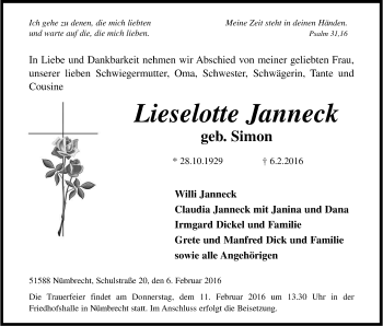 Anzeige von Lieselotte Janneck von Kölner Stadt-Anzeiger / Kölnische Rundschau / Express