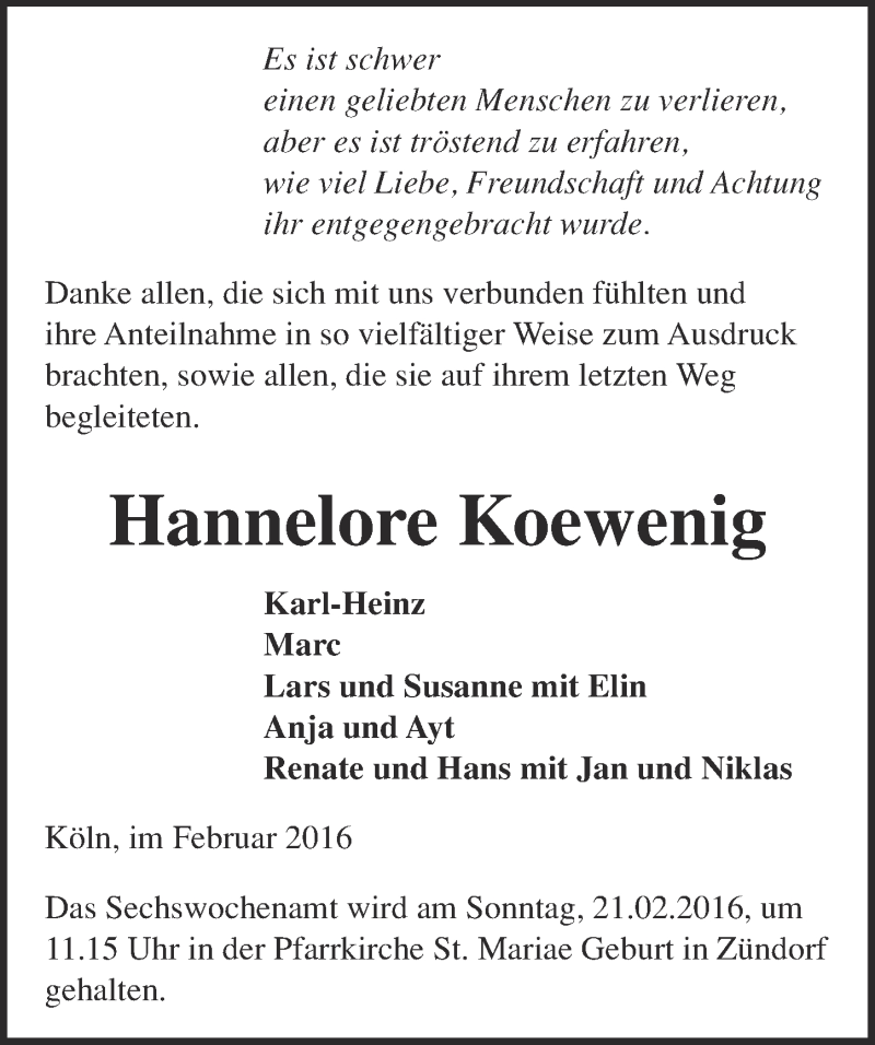  Traueranzeige für Hannelore Koewenig vom 17.02.2016 aus  Kölner Wochenspiegel 