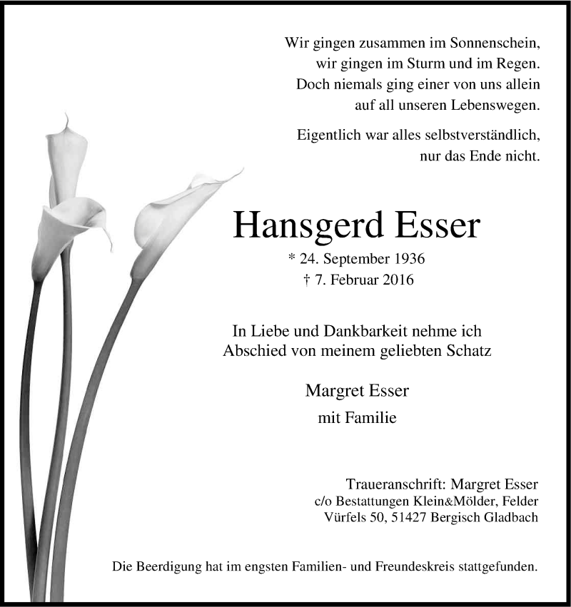  Traueranzeige für Hansgerd Esser vom 17.02.2016 aus Kölner Stadt-Anzeiger / Kölnische Rundschau / Express