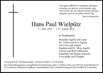 Anzeige von Hans Paul Wielpütz von Kölner Stadt-Anzeiger / Kölnische Rundschau / Express