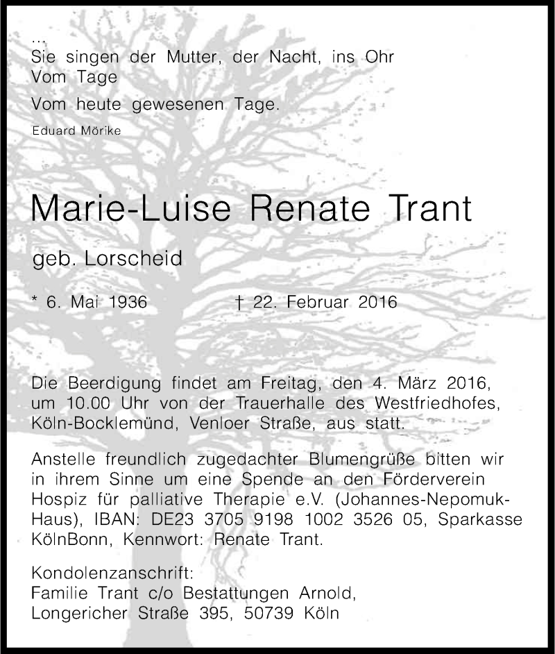  Traueranzeige für Marie-Luise Renate Trant vom 27.02.2016 aus Kölner Stadt-Anzeiger / Kölnische Rundschau / Express