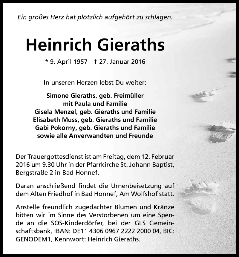  Traueranzeige für Heinrich Gieraths vom 06.02.2016 aus Kölner Stadt-Anzeiger / Kölnische Rundschau / Express