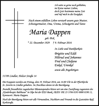 Anzeige von Maria Dappen von Kölner Stadt-Anzeiger / Kölnische Rundschau / Express