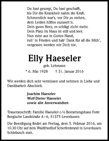 Anzeige von Elly Haeseler von Kölner Stadt-Anzeiger / Kölnische Rundschau / Express