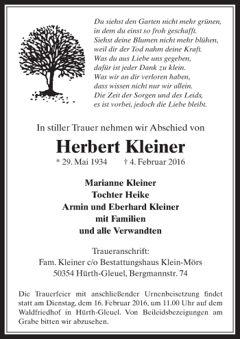 Anzeige von Herbert Kleiner von  Wochenende 