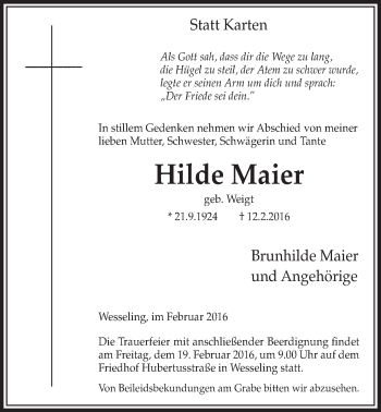 Anzeige von Hilde Maier von  Schlossbote/Werbekurier 