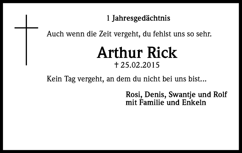  Traueranzeige für Arthur Rick vom 25.02.2016 aus Kölner Stadt-Anzeiger / Kölnische Rundschau / Express