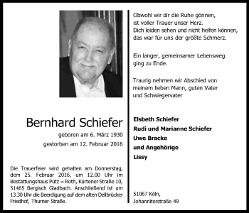 Anzeige von Bernhard Schiefer von Kölner Stadt-Anzeiger / Kölnische Rundschau / Express