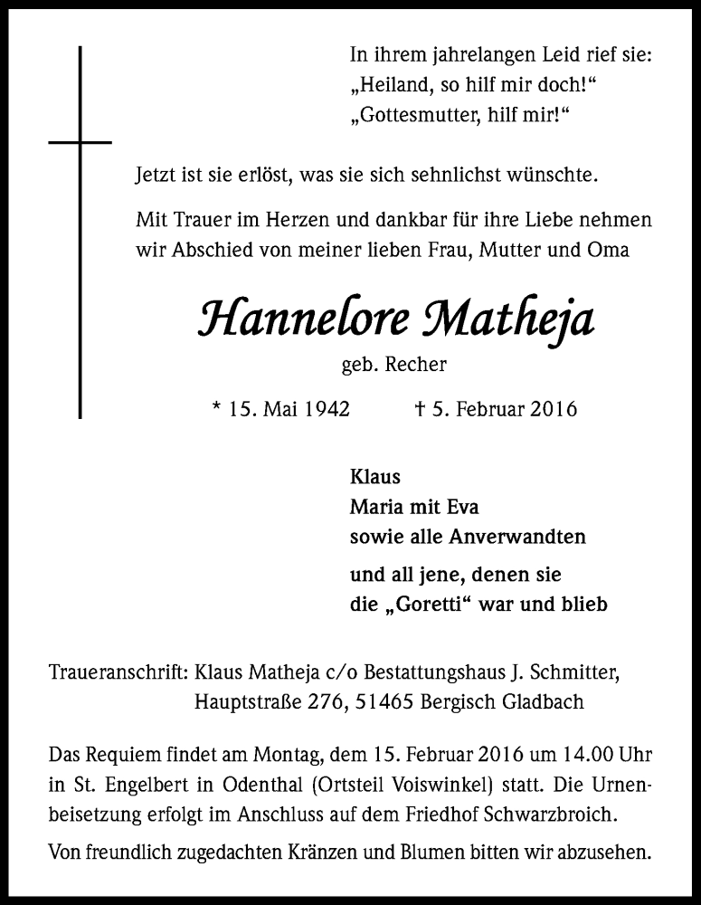  Traueranzeige für Hannelore Matheja vom 13.02.2016 aus Kölner Stadt-Anzeiger / Kölnische Rundschau / Express