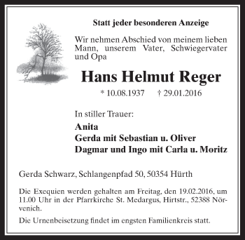 Anzeige von Hans Helmut Reger von  Wochenende 