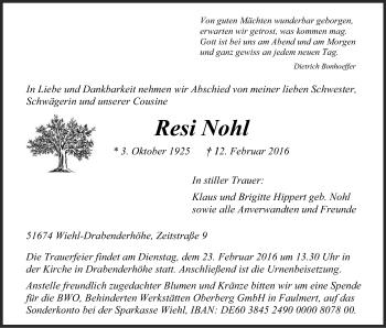 Anzeige von Resi Nohl von Kölner Stadt-Anzeiger / Kölnische Rundschau / Express