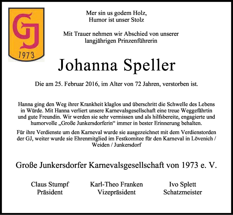  Traueranzeige für Johanna Speller vom 27.02.2016 aus Kölner Stadt-Anzeiger / Kölnische Rundschau / Express